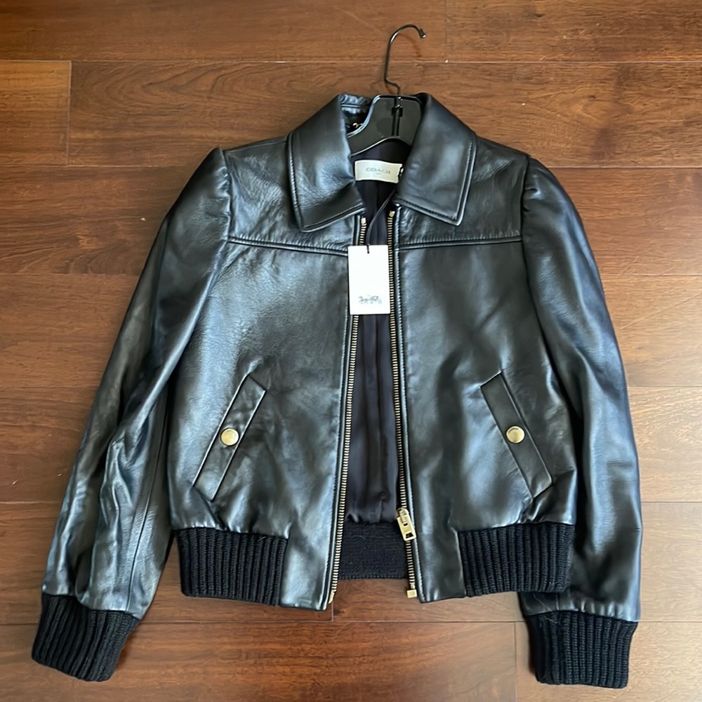 Coach Leather Tailored Bomber Jacket in Black